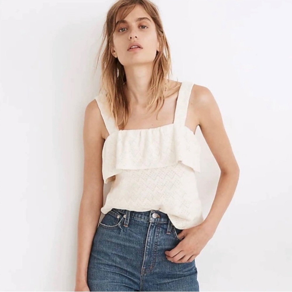 NEW Madewell Textured Cream Ruffled Sleevless Cotton Top Shirt Large 951